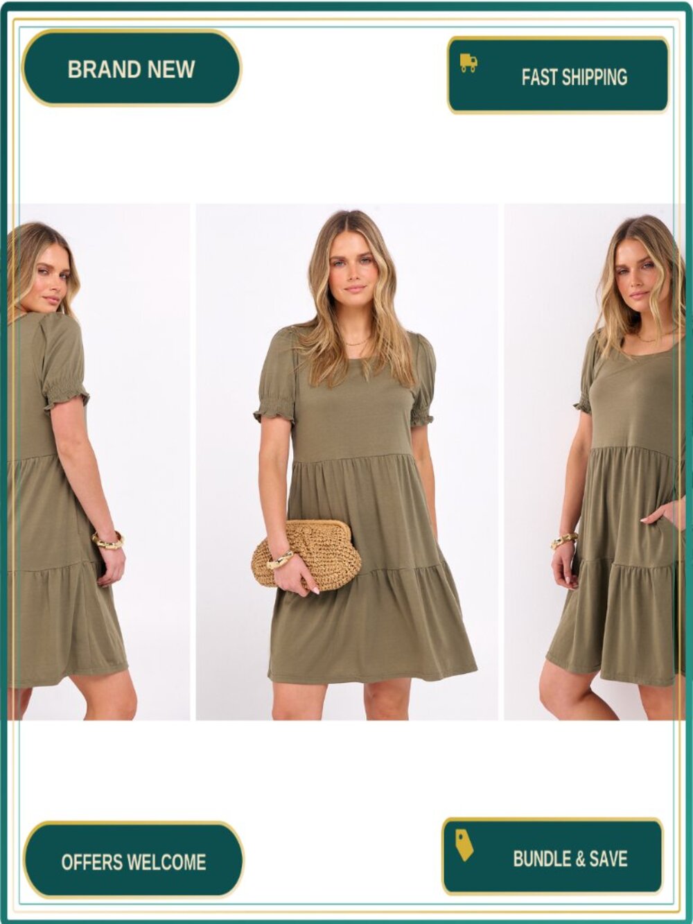 Women's Puff Sleeve Mini Dress with Pockets Casual Summer Flowy A-Line - Picture 6 of 6